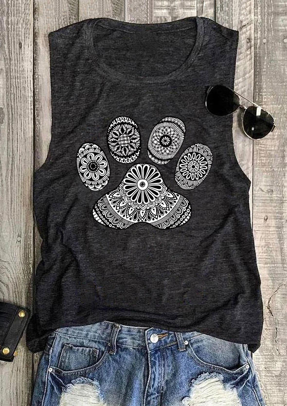 

Floral Paw O-Neck Casual Tank - Dark Grey, Gray, SCM003561