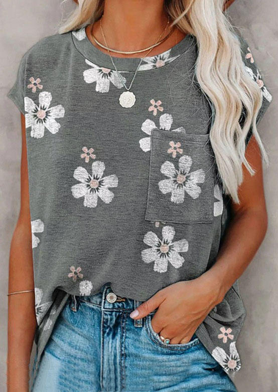 

Floral Pocket Cap Sleeve O-Neck Blouse - Gray, SCM003698