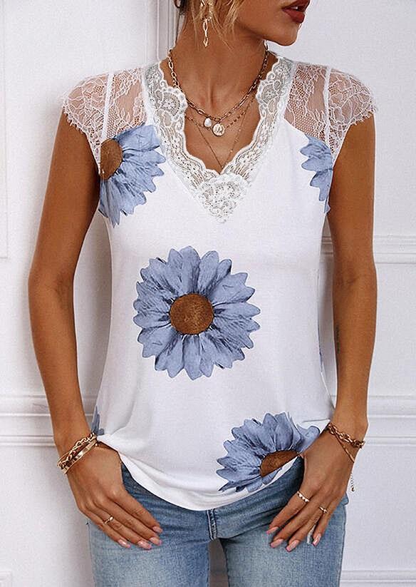 Daisy Lace Splicing V-Neck Blouse - White, SCM003312