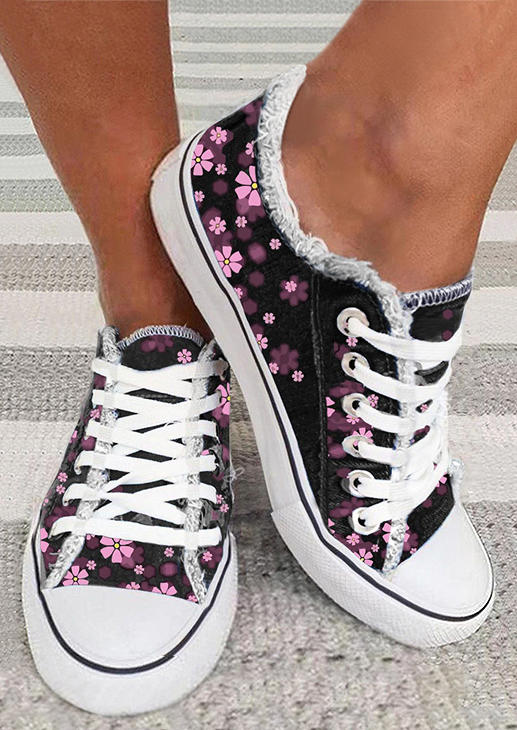 

Floral Lace Up Flat Sneakers, Multicolor, SCM002043