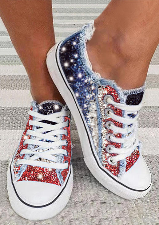 

American Flag Glitter Lace Up Frayed Canvas Sneakers, Multicolor, SCM002637