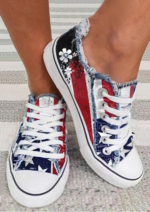 

American Flag Floral Flat Sneakers, Multicolor, SCM002651