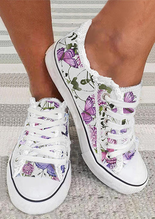 

Floral Butterfly Lace Up Flat Sneakers - White, SCM003399