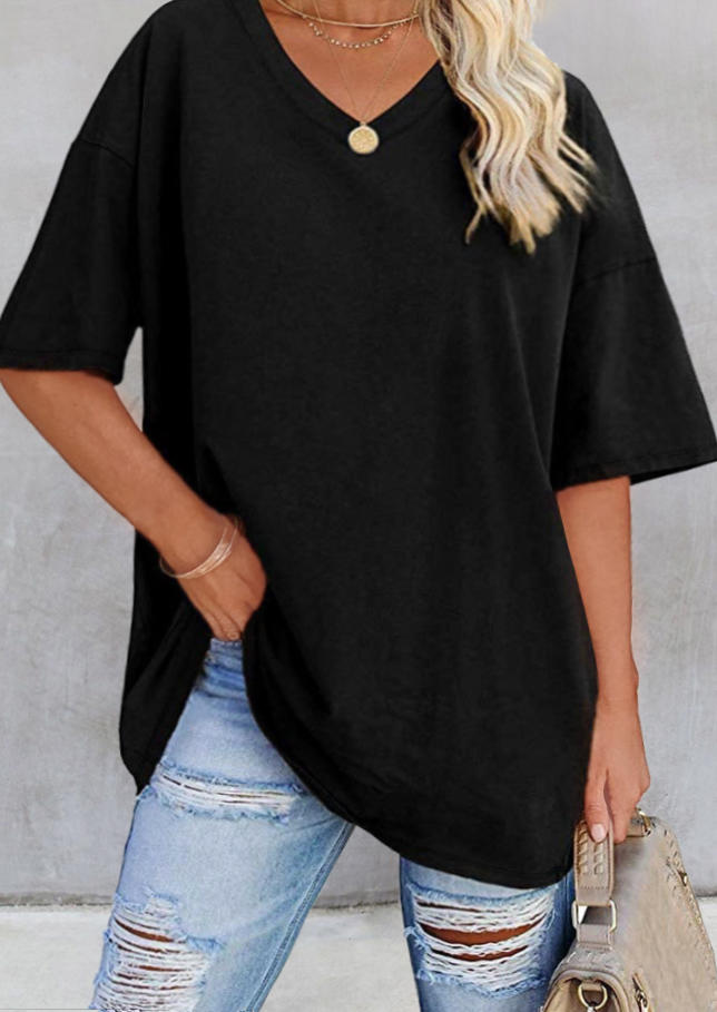 

Casual Short Sleeve V-Neck T-Shirt Tee - Black, SCM003558