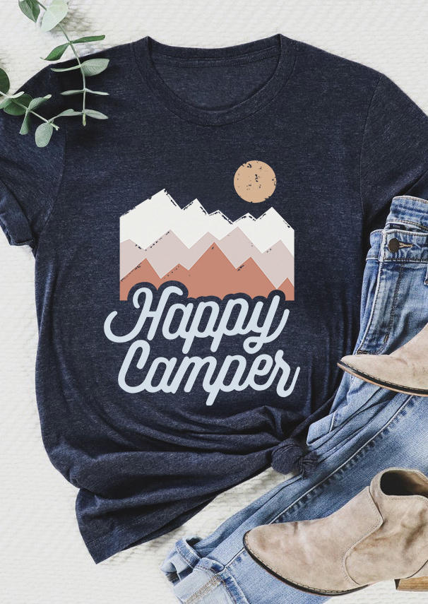 Happy Camper O-Neck T-Shirt Tee - Navy Blue