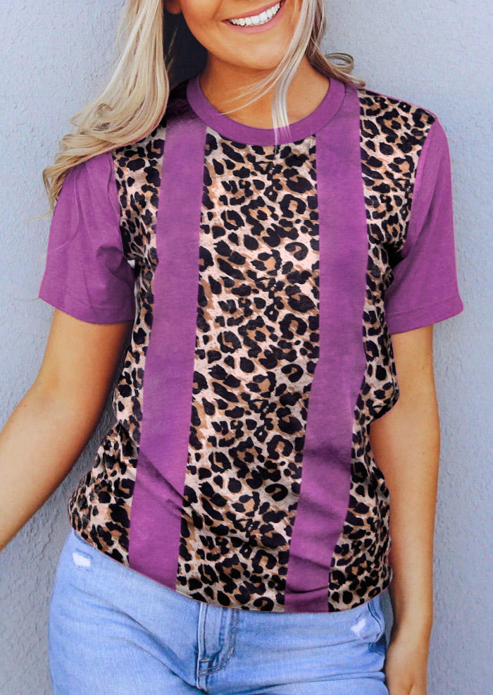 

Leopard Color Block O-Neck Blouse, Multicolor, SCM003660