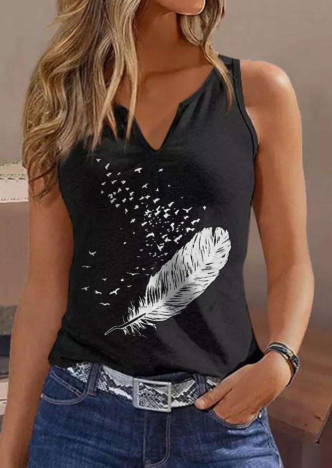 Feather Bird Notched Neck Tank - Black, SCM003683