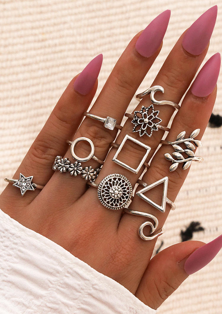 

11Pcs Leaf Floral Star Hollow Out Ring Set, Silver, SCM003741