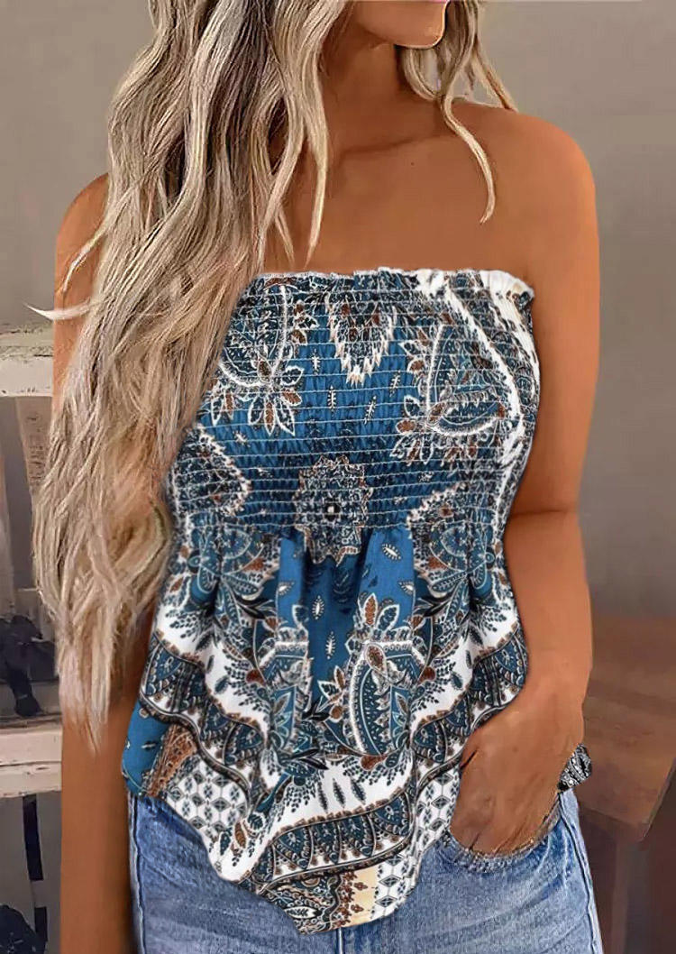 

Tribal Western Smocked Strapless Bandeau Tank - Blue, SCM003865