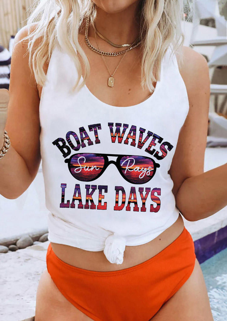 Boat Waves Sun Rays Lake Days Racerback Tank - White
