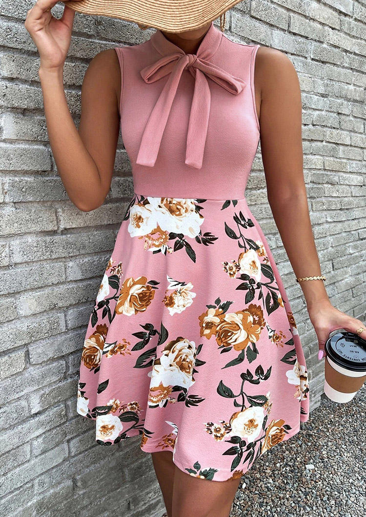 

Floral Tie Sleeveless Mini Dress - Pink, SCM002511