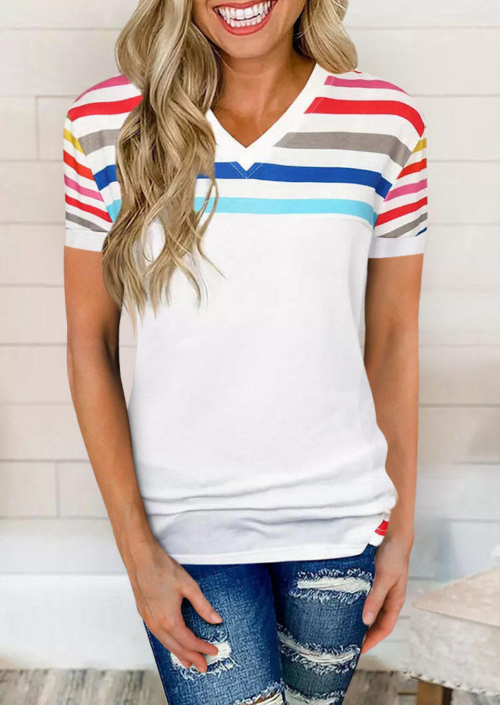 Colorful Striped Button Short Sleeve Blouse - White