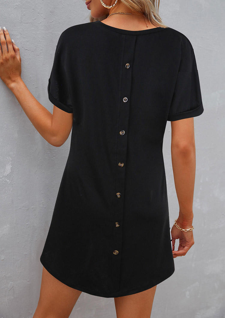 

Button V-Neck Short Sleeve Mini Dress - Black, SCM003298