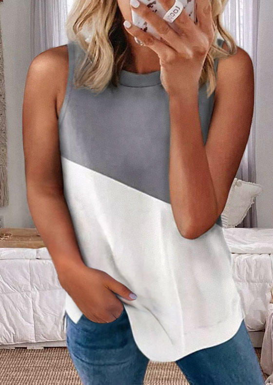 

Color Block O-Neck Casual Tank - Gray, SCM003515