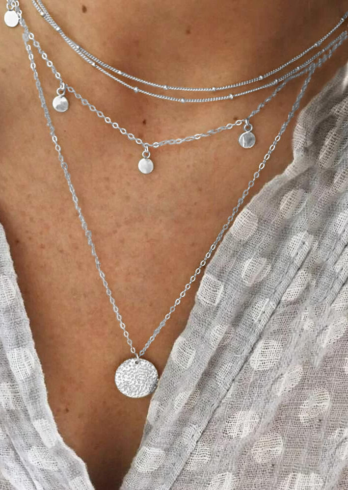 

Disc Coin Multi-Layered Pendant Necklace, Silver, SCM003738