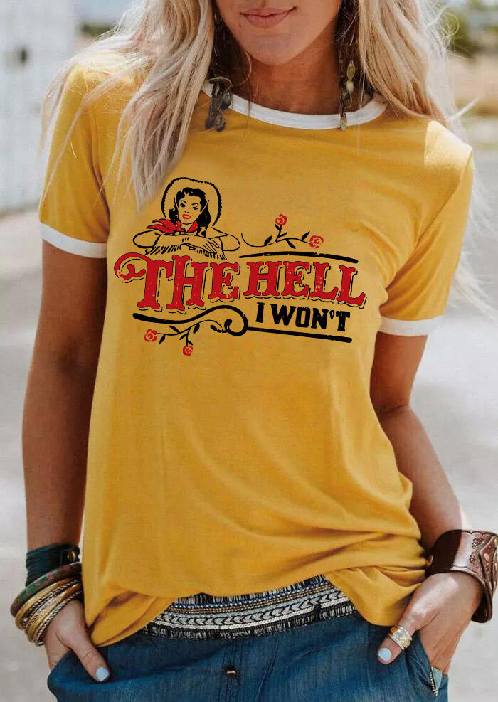 

The Hell I Won't Floral O-Neck T-Shirt Tee - Yellow, SCM003809