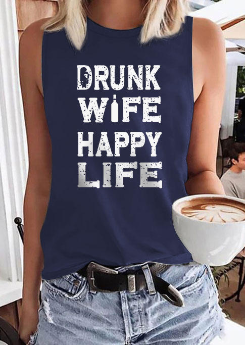 

Drunk Wife Happy Life O-Neck Tank - Navy Blue, SCM003813