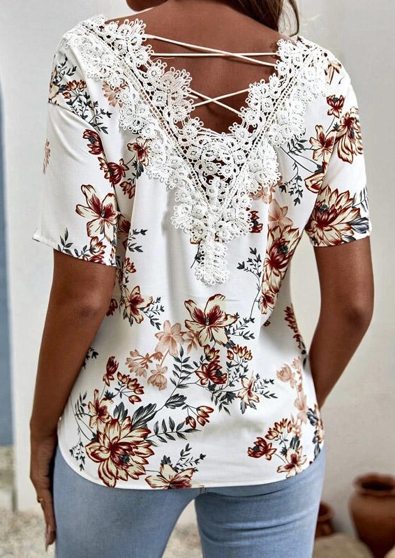 

Lace Splicing Floral Criss-Cross Blouse - White, SCM003043
