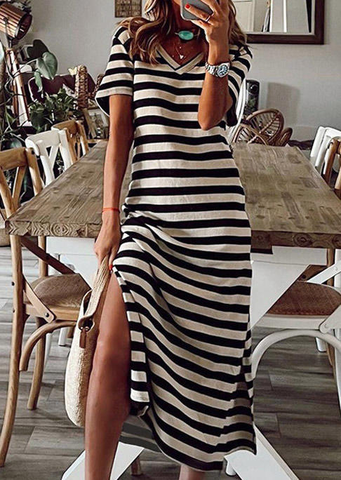 

Striped Slit Short Sleeve V-Neck Maxi Dress, Stripe, SCM003647