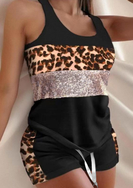 

Leopard Glitter Drawstring Tank And Pocket Shorts Two-Piece Set, Multicolor, SCM003717