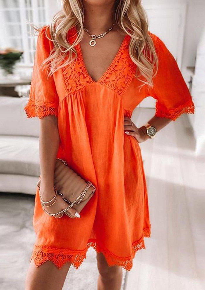 Lace Splicing V-Neck Mini Dress - Orange