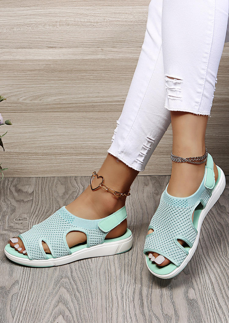 Hollow Out Velcro Closure Sandals - Cyan