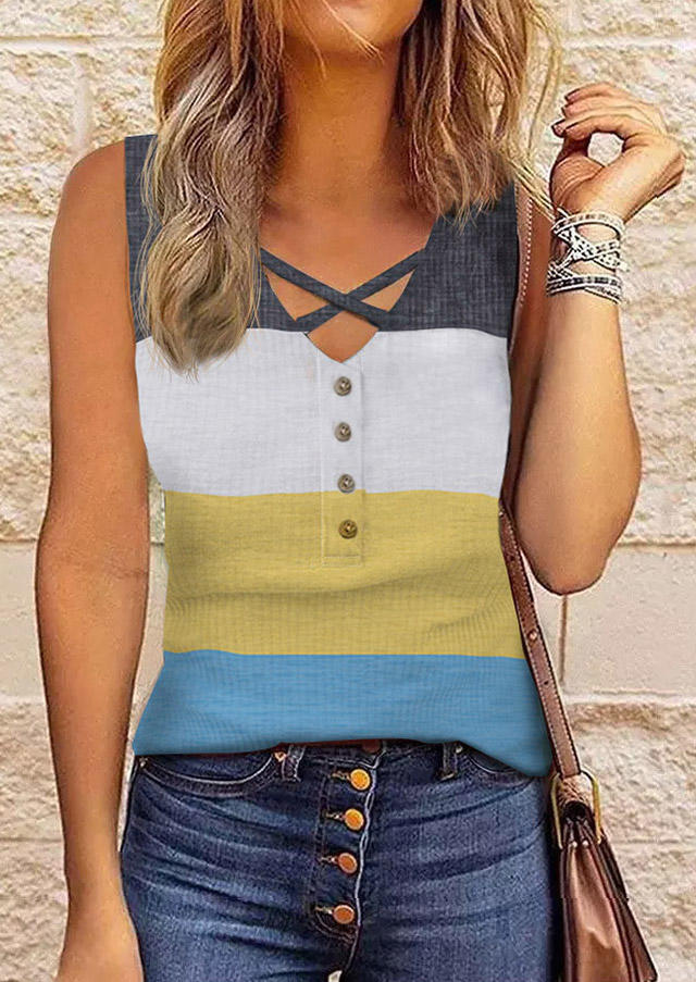 

Color Block Criss-Cross Button Tank, Multicolor, SCM003832
