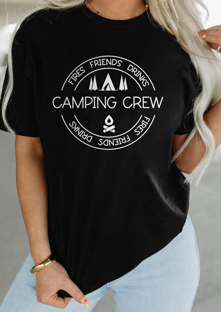 

Fires Friends Drinks Camping Crew T-Shirt Tee - Black, SCM003894