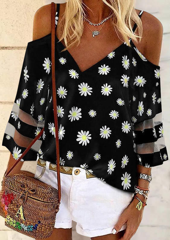 

Daisy Mesh Splicing V-Neck Blouse - Black, SCM003253