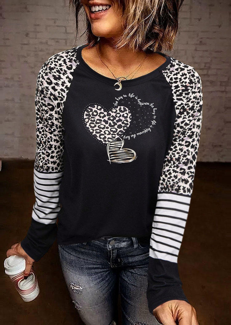 

Leopard Striped Heart O-Neck T-Shirt Tee - Black, SCM003500