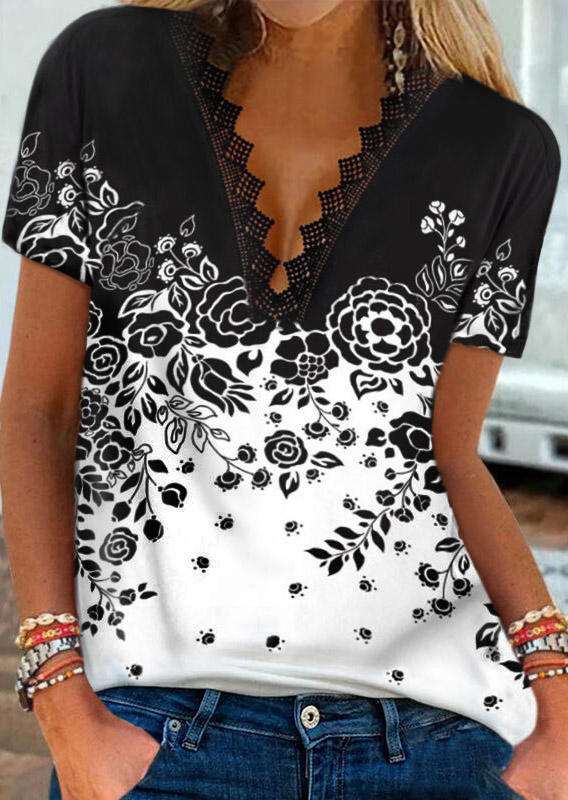 Floral Lace Splicing Short Sleeve Blouse - Black, SCM003554