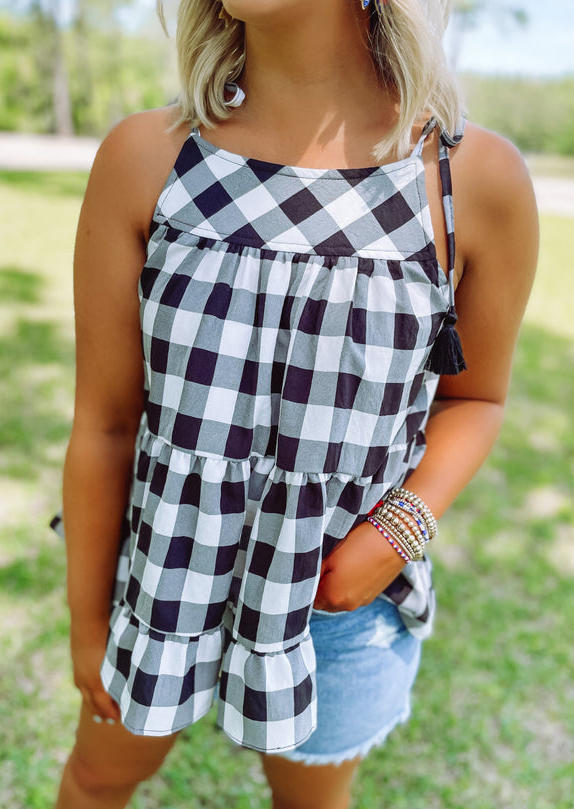 

Plaid Tassel Ruffled Tie Camisole, Multicolor, SCM003559