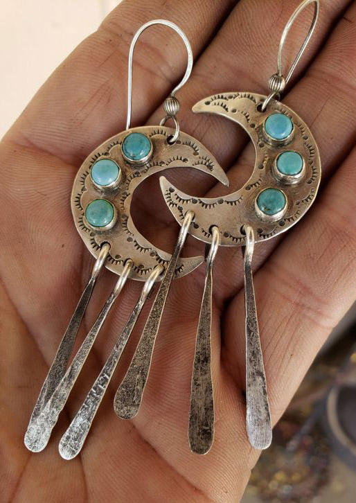 

Moon Turquoise Tassel Alloy Earrings, Silver, SCM003574