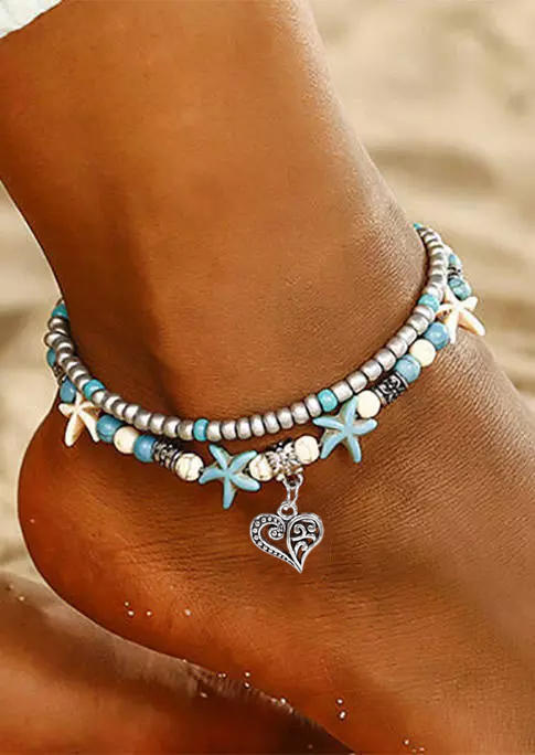 

Turquoise Starfish Beading Double-Layered Anklet, Multicolor, SCM003645