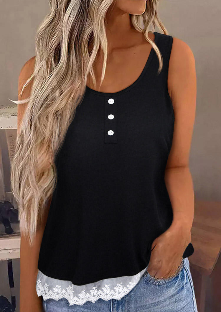 

Lace Splicing Button Casual Tank - Black, SCM003702