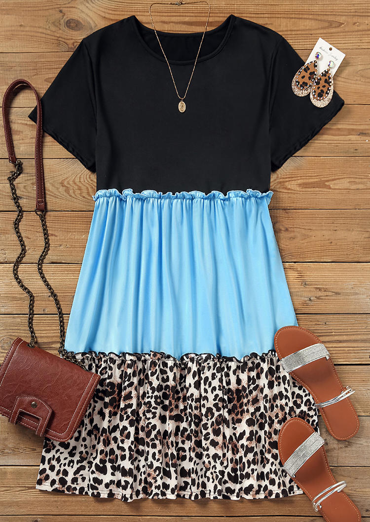 Leopard Color Block O-Neck Mini Dress