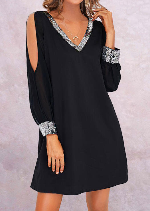 

Sequined Button Long Sleeve Cold Shoulder Mini Dress - Black, SCM003739