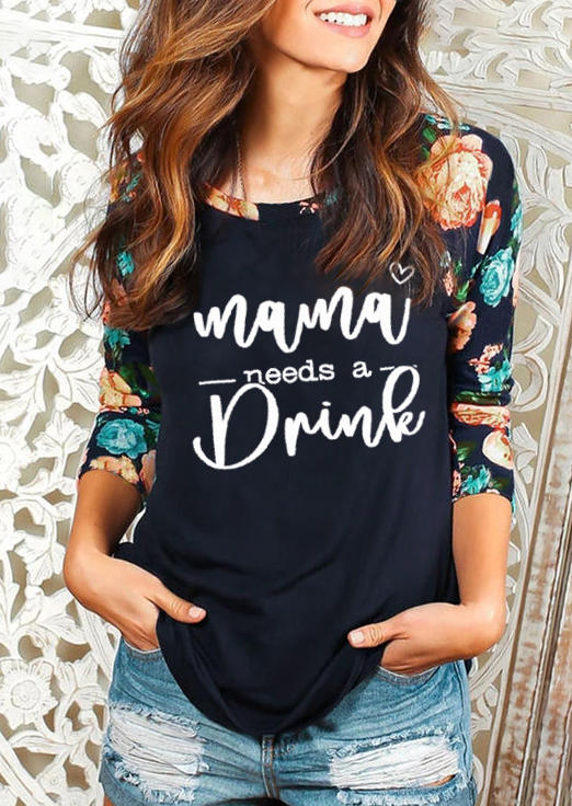 

Mama Needs A Drink Heart Floral O-Neck T-Shirt Tee - Black, SCM003777