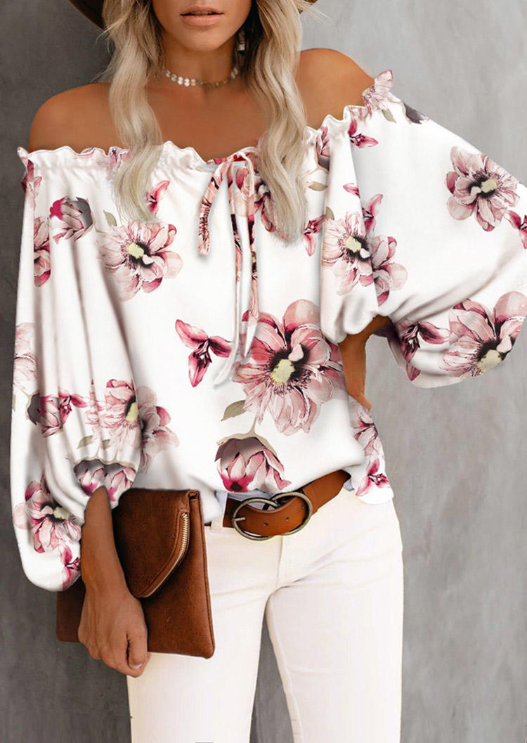 

Floral Tie Ruffled Off Shoulder Elastic Cuff Blouse - White, SCM003854
