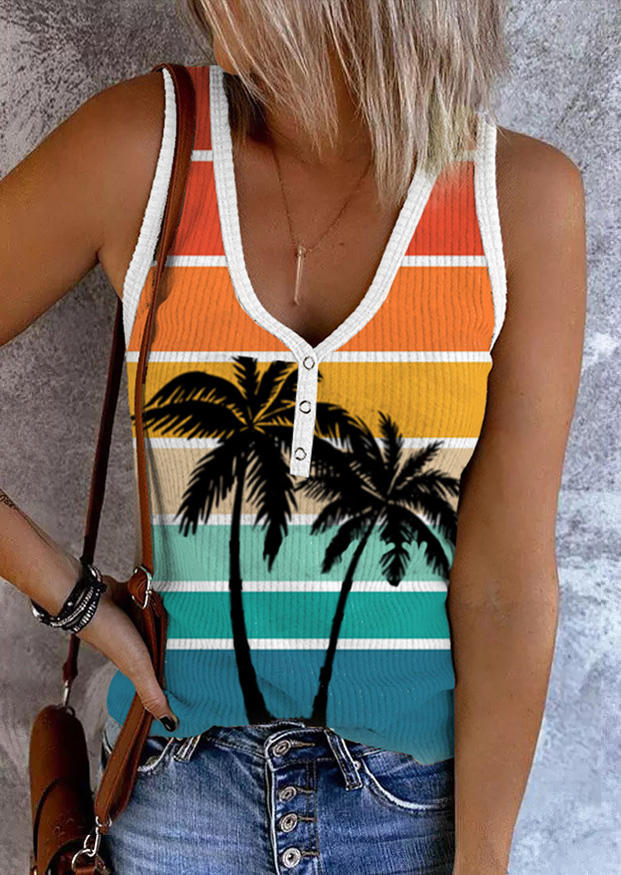 

Gradient Striped Coconut Tree Snap Button Tank, Multicolor, SCM003899