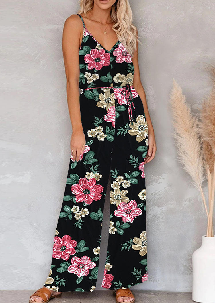 

Floral Spaghetti Strap V-Neck Jumpsut - Black, SCM003905