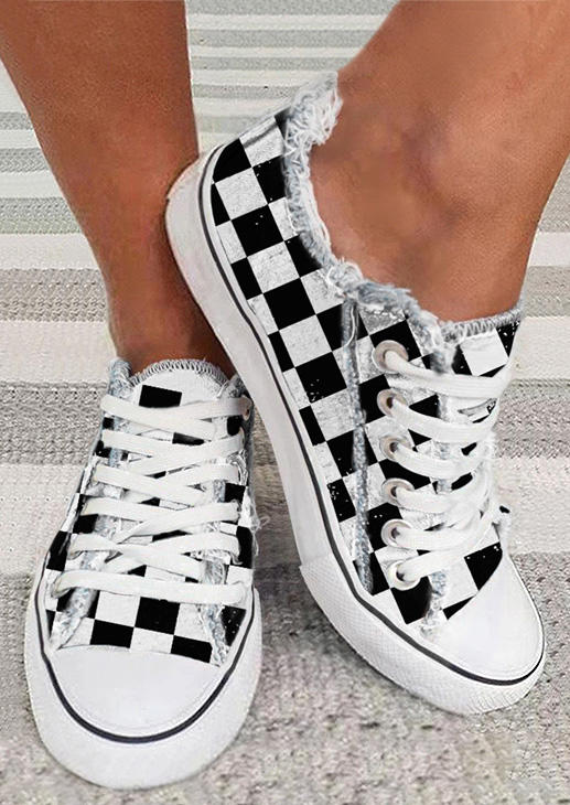 

Checkered Plaid Lace Up Frayed Flat Sneakers - White, SCM003961