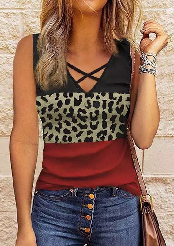 

Color Block Leopard Criss-Cross Tank, Multicolor, SCM001473