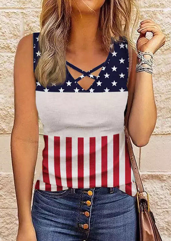 

American Flag Criss-Cross Casual Tank, Multicolor, SCM001904
