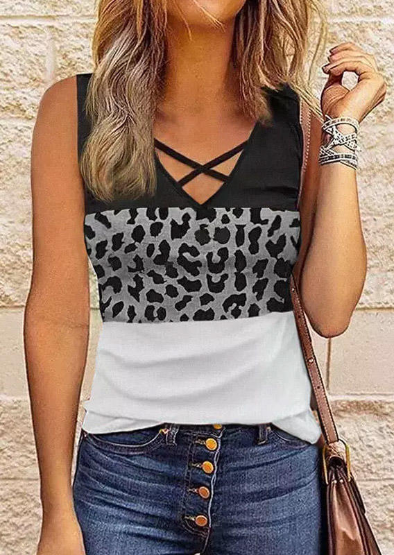 

Leopard Color Block Criss-Cross Tank - Gray, SCM001986