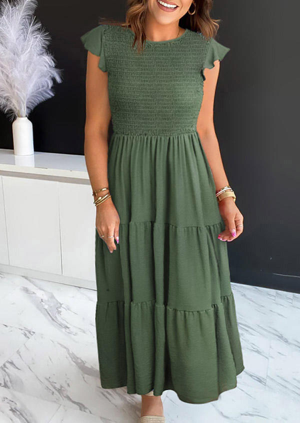 

Ruffled Hollow Out Smocked O-Neck Maxi Dress - Army Green, SCM003345