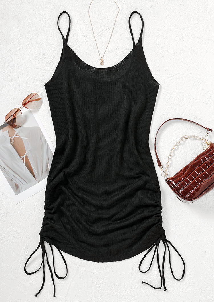 Drawstring Spaghetti Strap Tie Mini Dress - Black