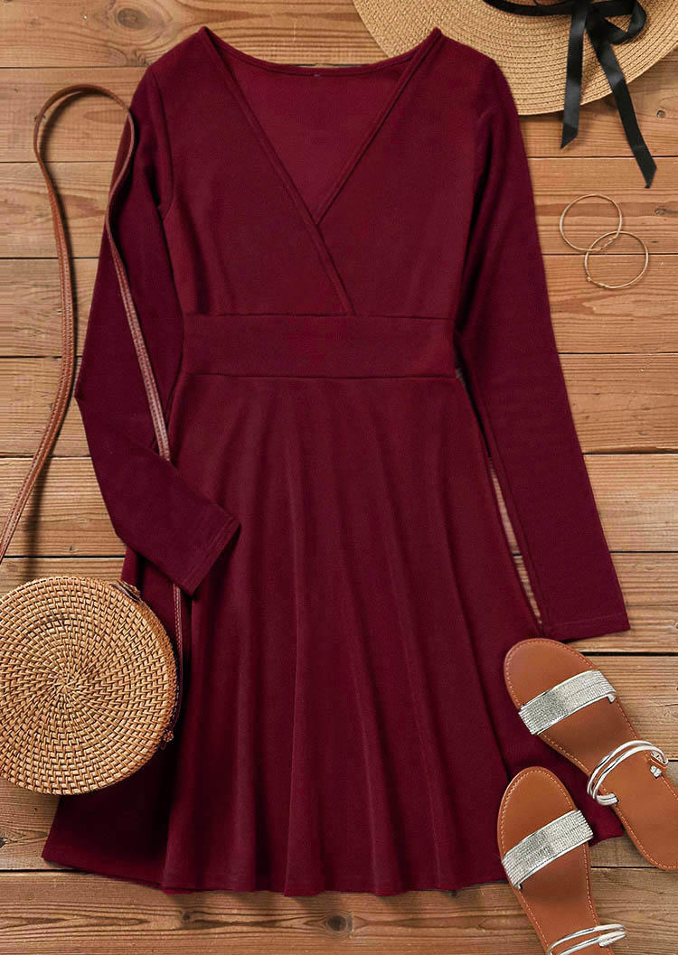 Mesh Splicing Wrap V-Neck Mini Dress - Burgundy