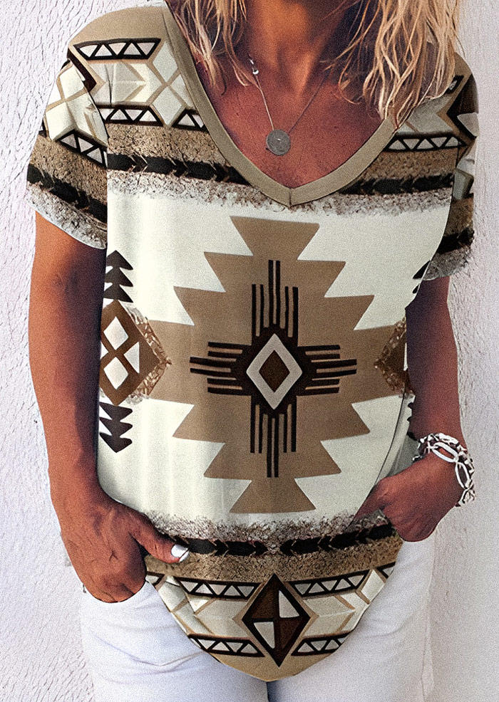 

Aztec Geometric V-Neck Short Sleeve Blouse - Khaki, SCM003867