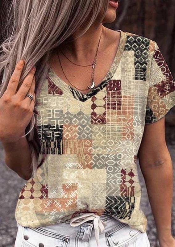 

Ethnic Geometric Short Sleeve V-Neck Blouse, Multicolor, SCM003900